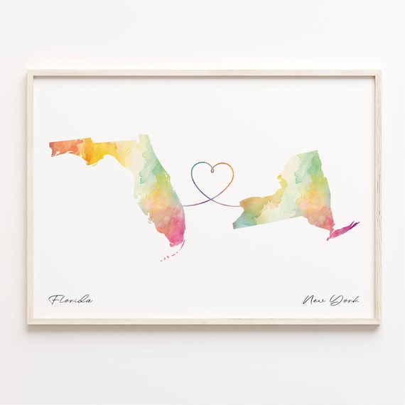 Florida and New York Watercolor Map Heart Long Distance Gift Print