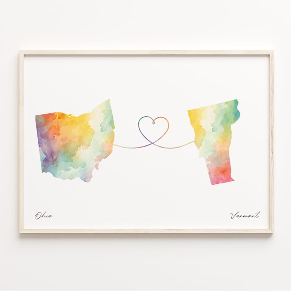 Ohio To Vermont Watercolor Map Heart Long Distance Love Poster