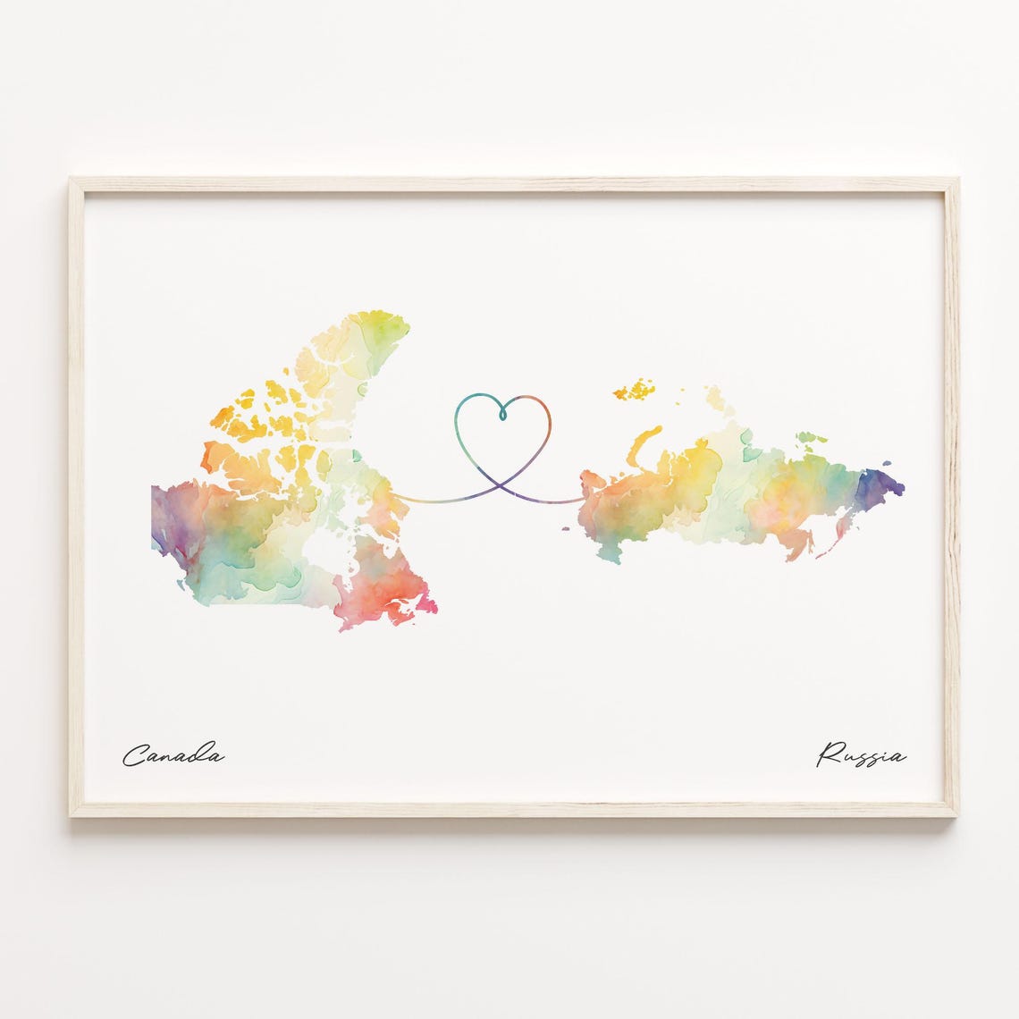 Canada To Russia Watercolor Map Heart Connection Travel Gift Poster