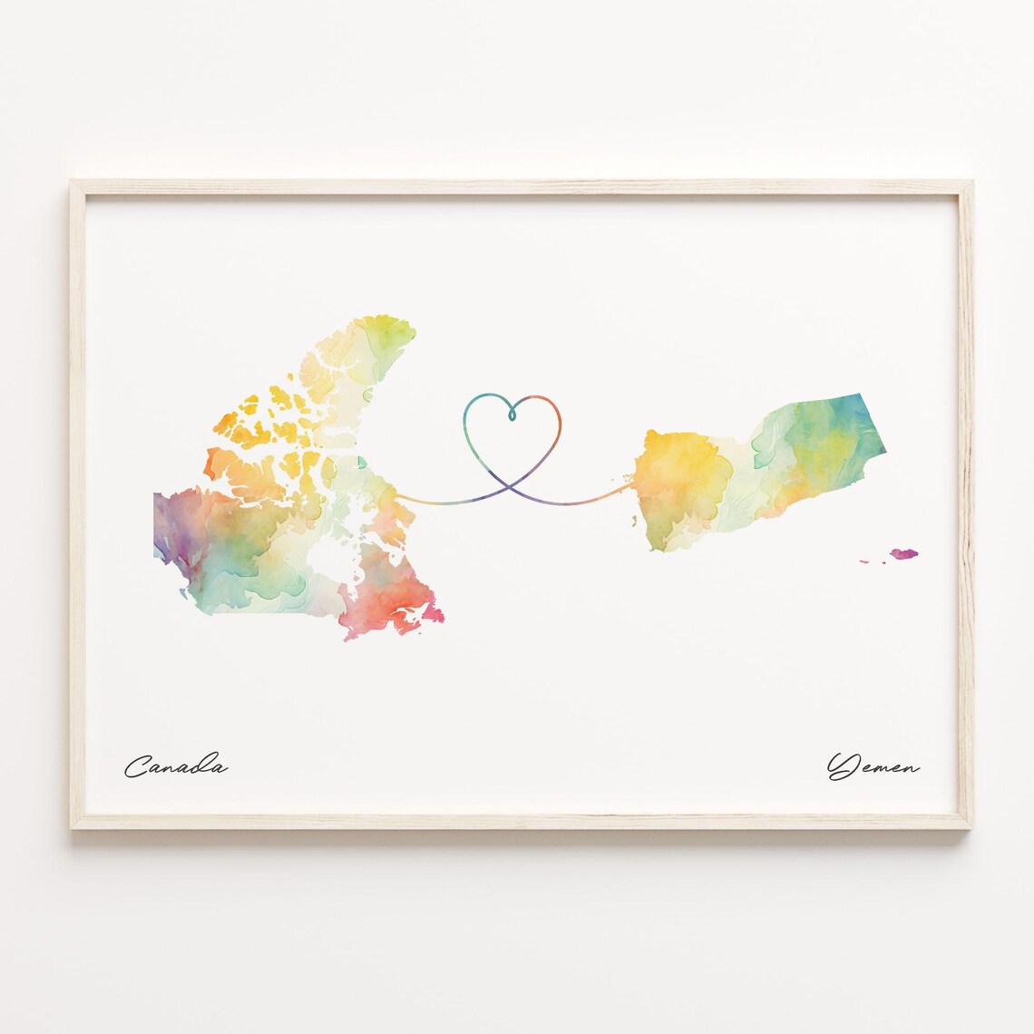 Canada To Yemen Long Distance Love Watercolor Country Map Print
