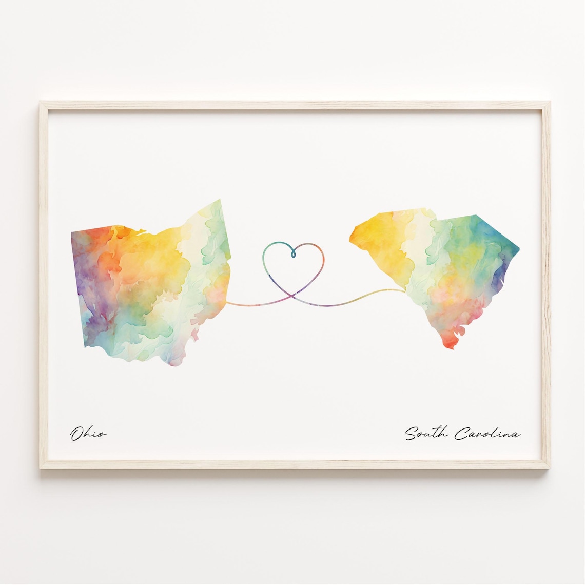 Ohio to South Carolina Watercolor Map Heart Long Distance Print