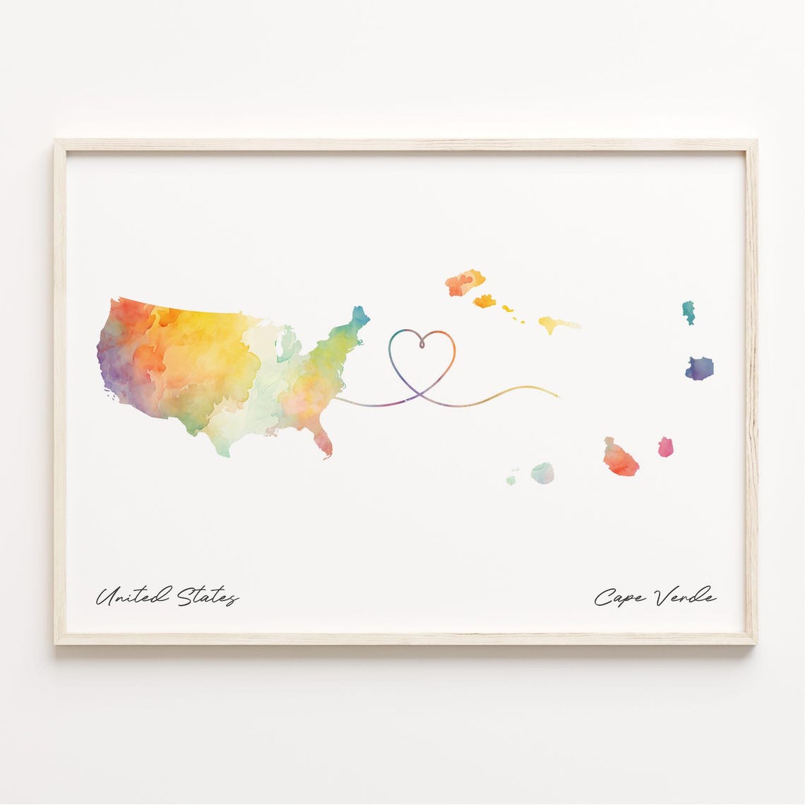 United States To Cape Verde Watercolor Map Poster With Heart Love Gift