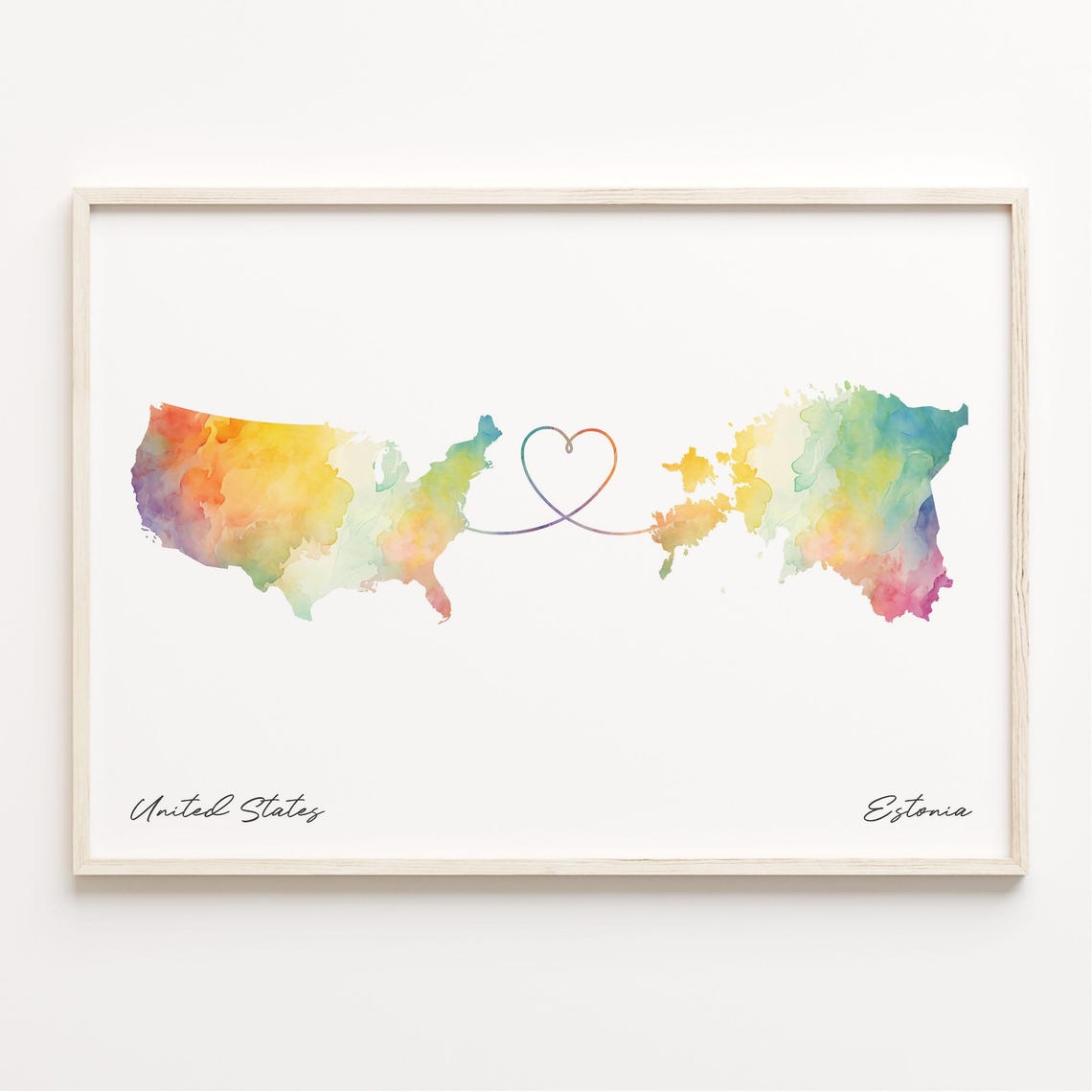 United States to Estonia Watercolor Map Heart Connection Poster