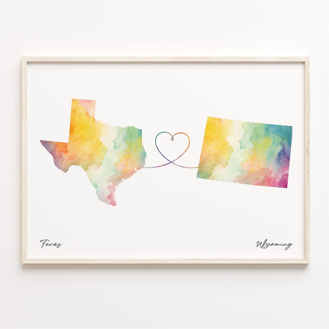 Texas Wyoming Watercolor Map Heart Long Distance Relationship Poster