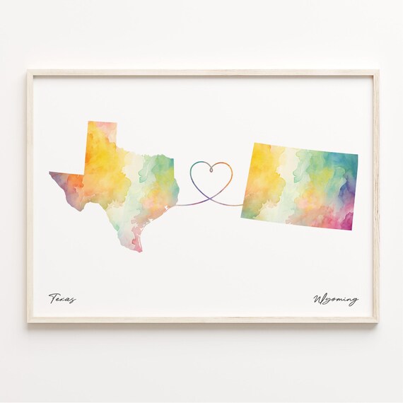 Texas Wyoming Watercolor Map Heart Long Distance Relationship Poster