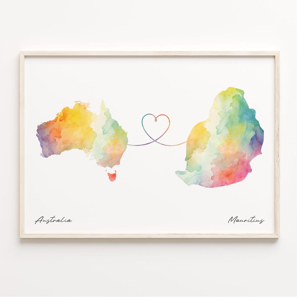 Australia to Mauritius Watercolor Heart Map Connection Print
