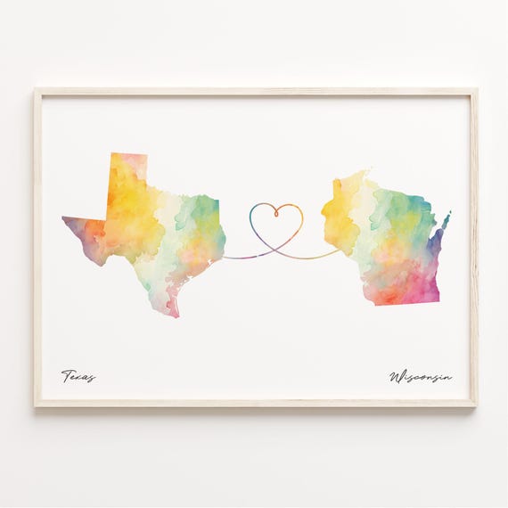 Texas to Wisconsin Watercolor Map Art Print