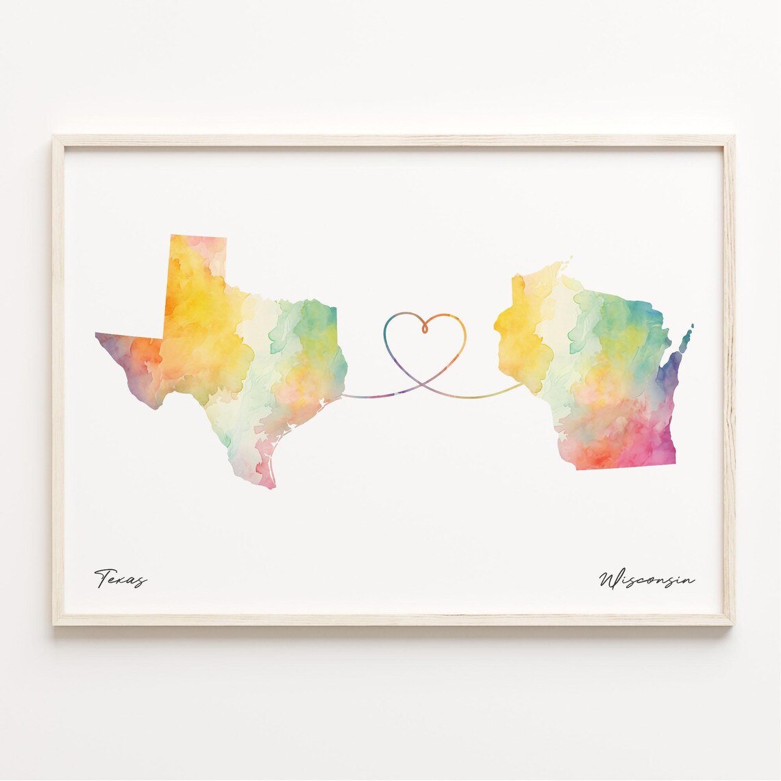 Texas to Wisconsin Watercolor Map Art Print