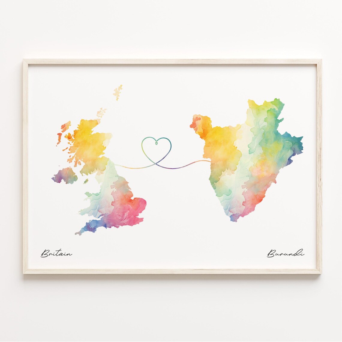 UK to Burundi Watercolor Heart Connection Long Distance Gift Poster