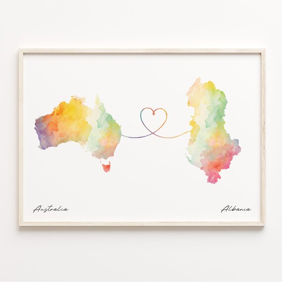 Australia to Albania Watercolor Map Heart Connection Art Print