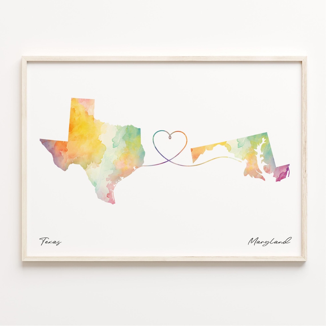 Texas To Maryland Watercolor Map Art Print