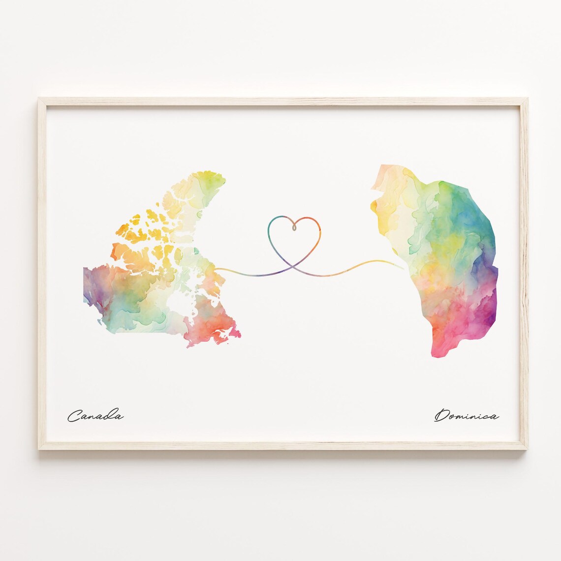 Canada To Dominica Watercolor Heart Map Long Distance Love Art Print