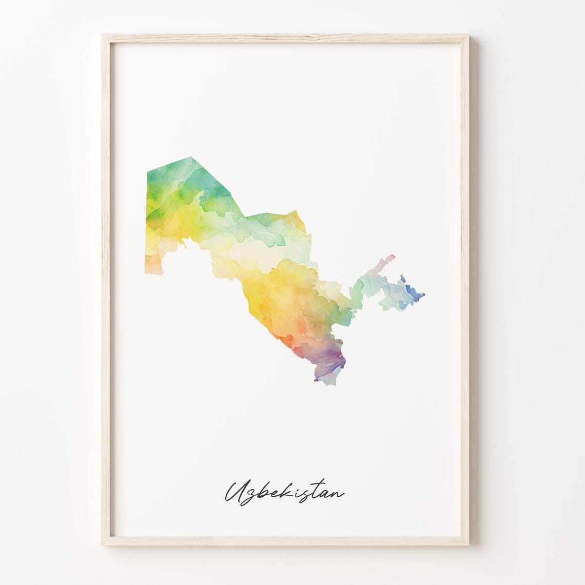 Uzbekistan Watercolor Country Map Pastel Rainbow Silhouette Print