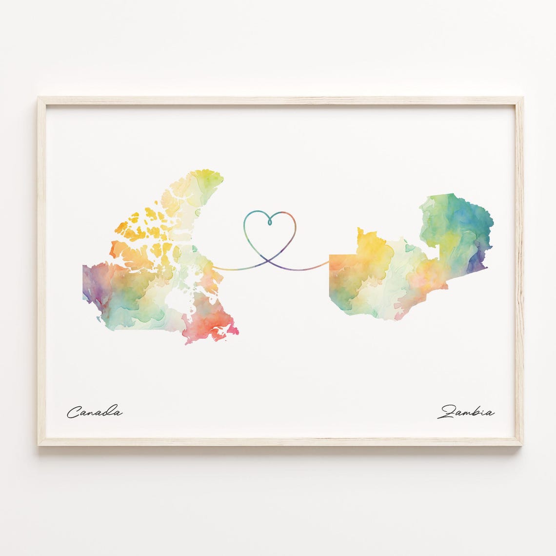 Canada To Zambia Watercolor Map Heart Connection Gift Poster