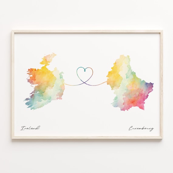 Romantic Ireland And Luxembourg Watercolor Map Heart Art Poster