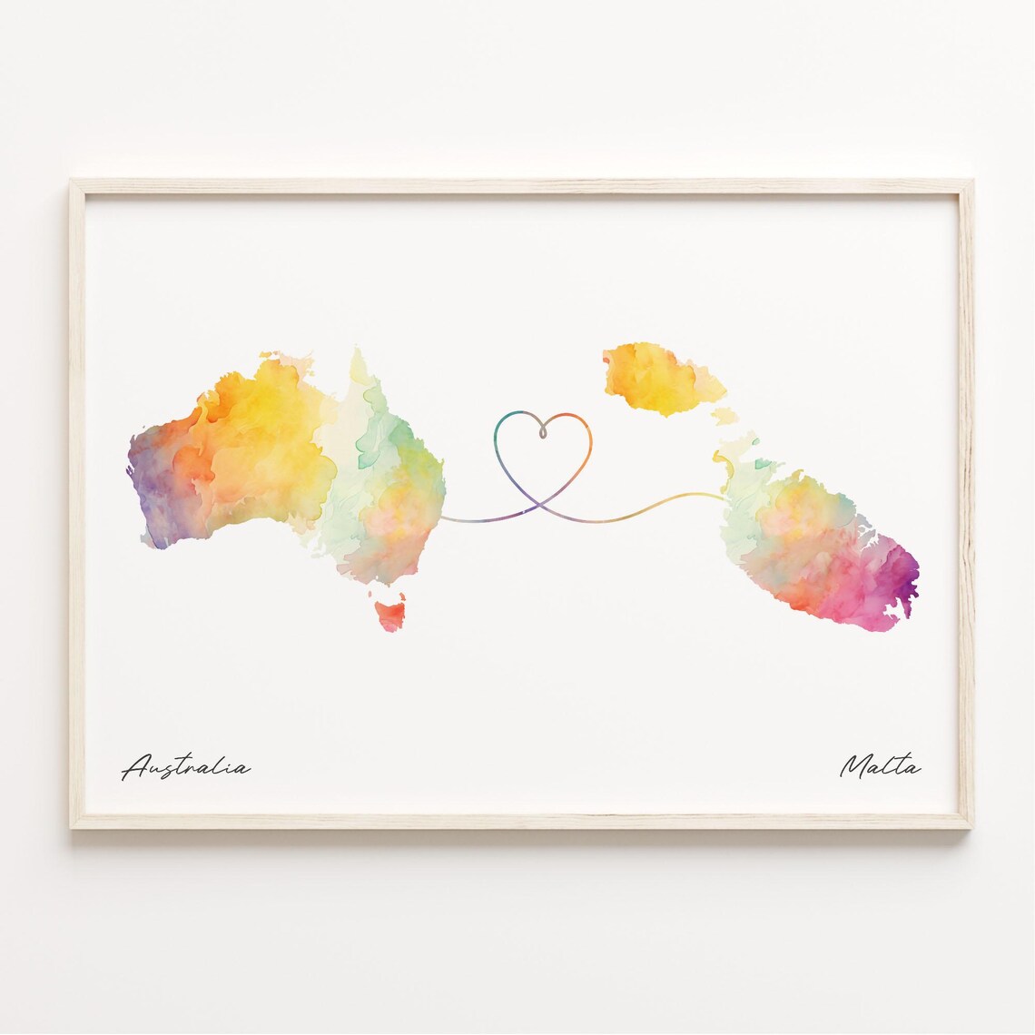 Australia To Malta Watercolor Heart Map Long Distance Love Poster