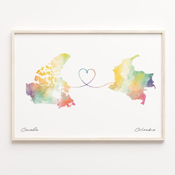 Canada to Colombia Watercolor Map Poster - Heart Line Long Distance Gift
