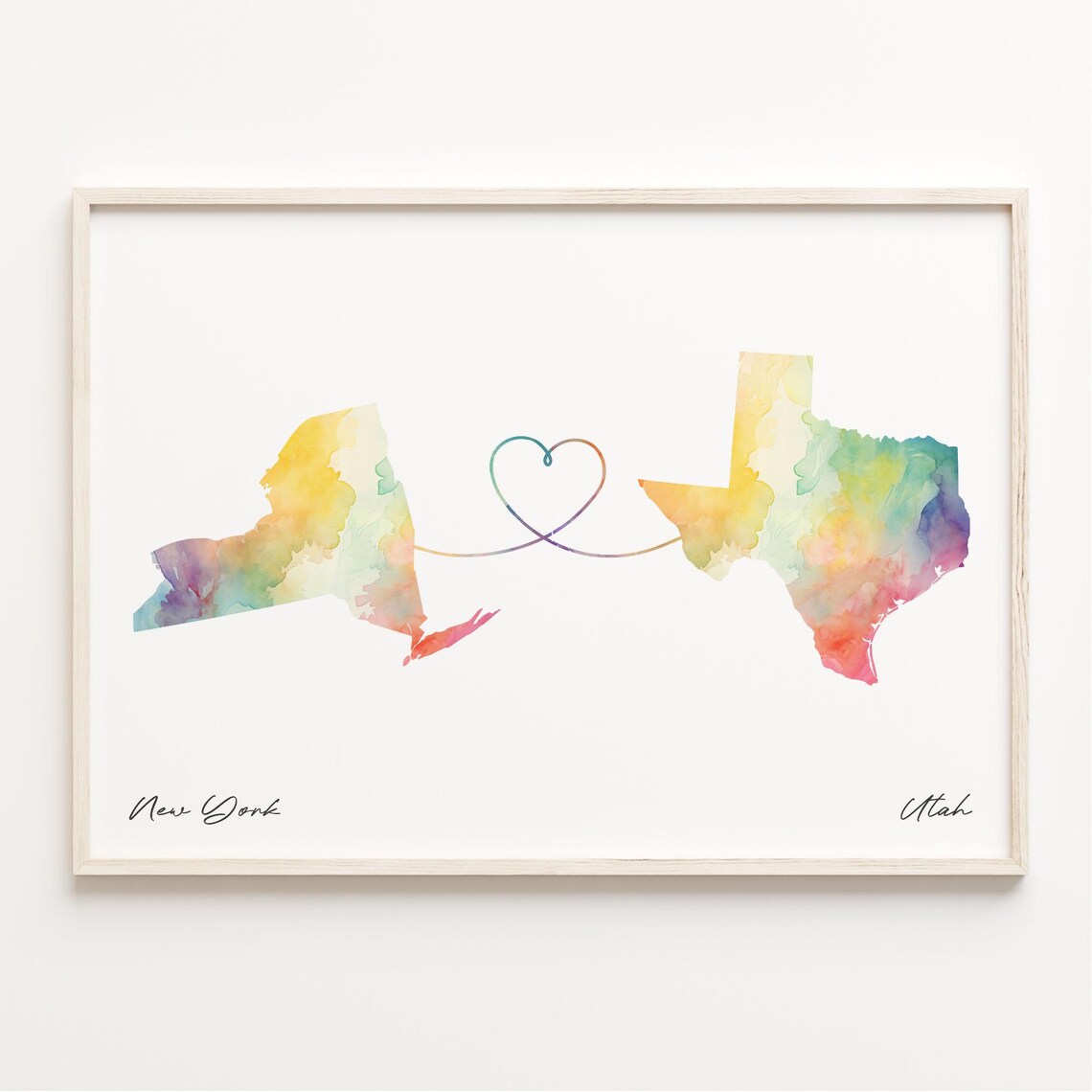New York Utah Watercolor Heart Map Long Distance Connection Print