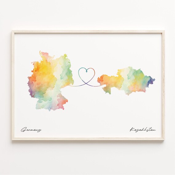 Germany To Kazakhstan Watercolor Map Heart Long Distance Love Poster