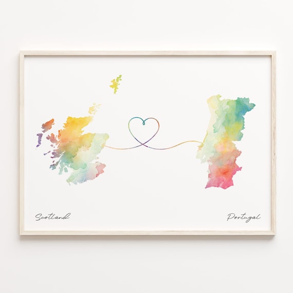 Scotland To Portugal Heart Map Watercolor Long Distance Travel Poster