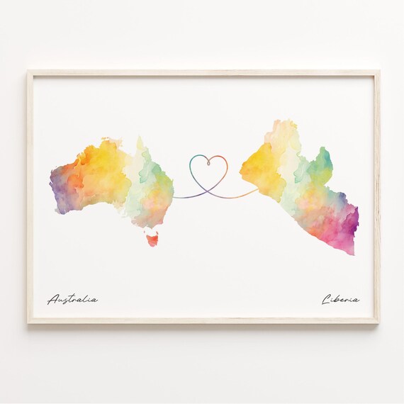 Australia to Liberia Rainbow Watercolor Heart Map Connection Print