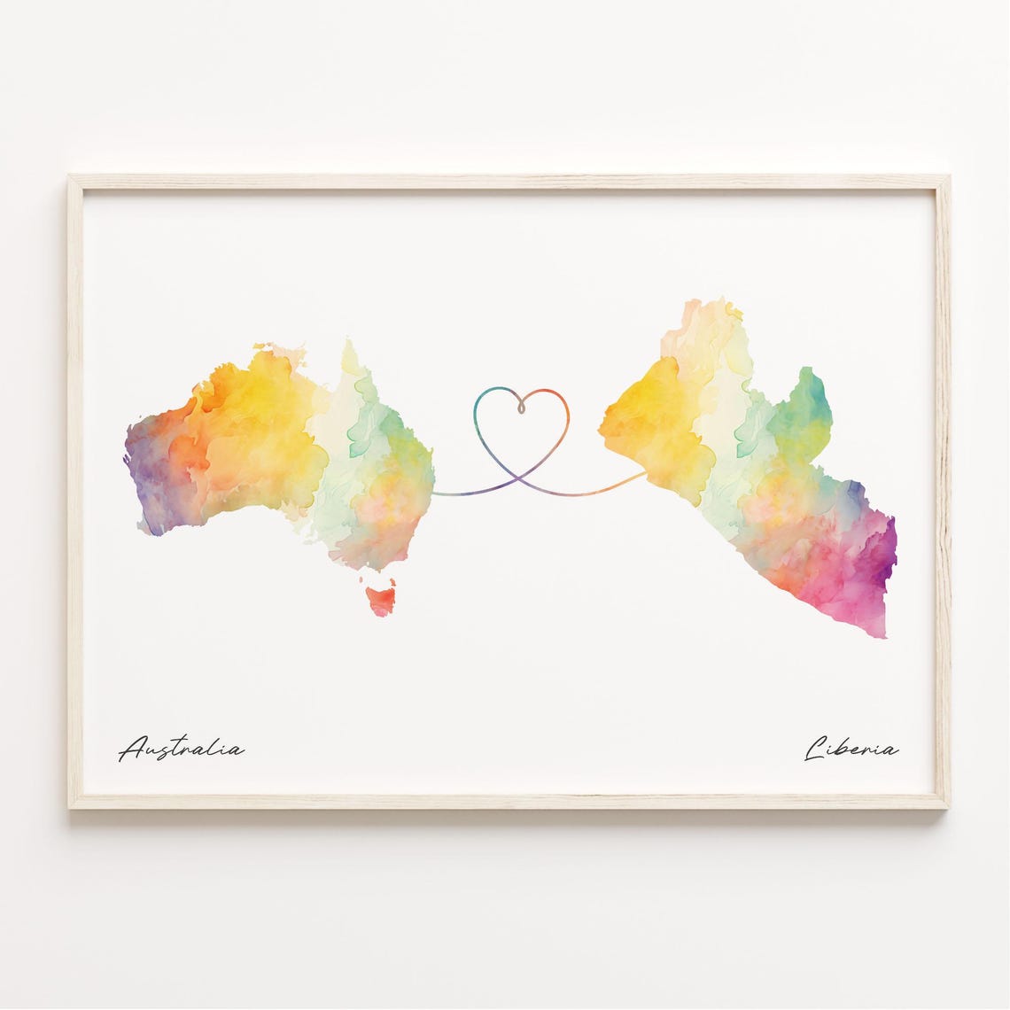 Australia to Liberia Rainbow Watercolor Heart Map Connection Print