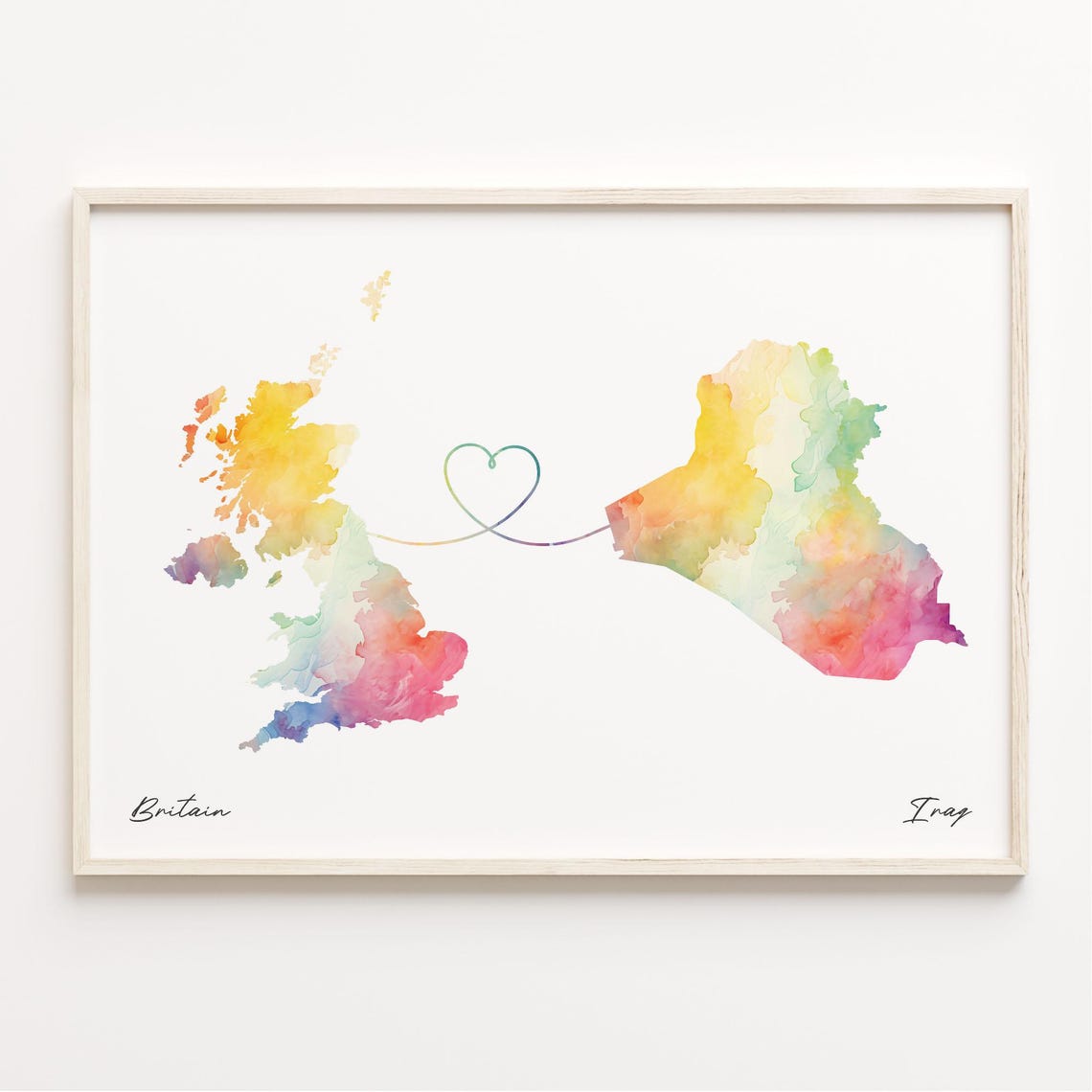 Britain To Iraq Watercolor Map Print With Heart Line Gift For Expats