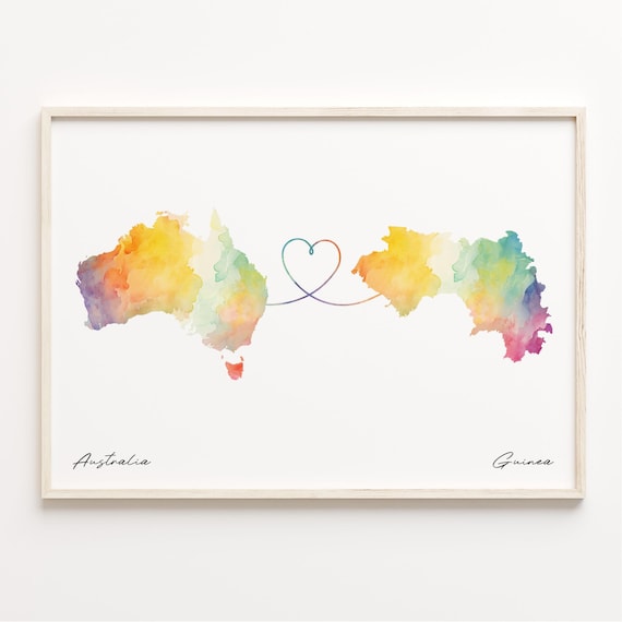 Australia To Guinea Long Distance Love Watercolor Country Map Print