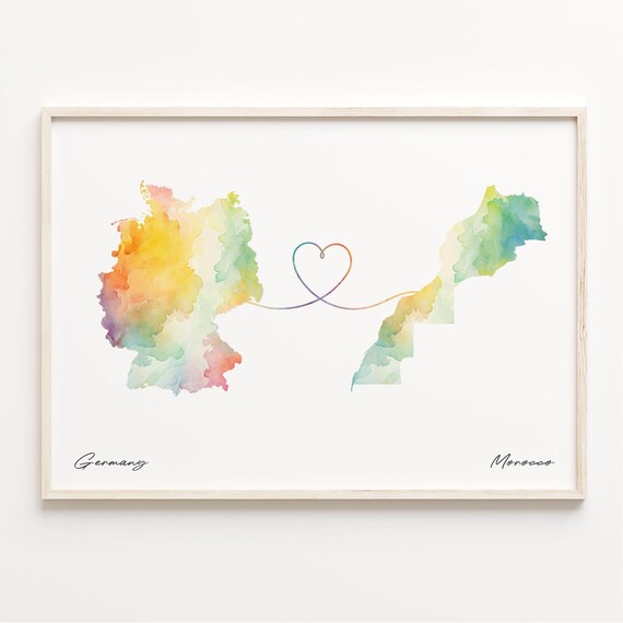 Germany To Morocco Long Distance Watercolor Map Heart Art Print