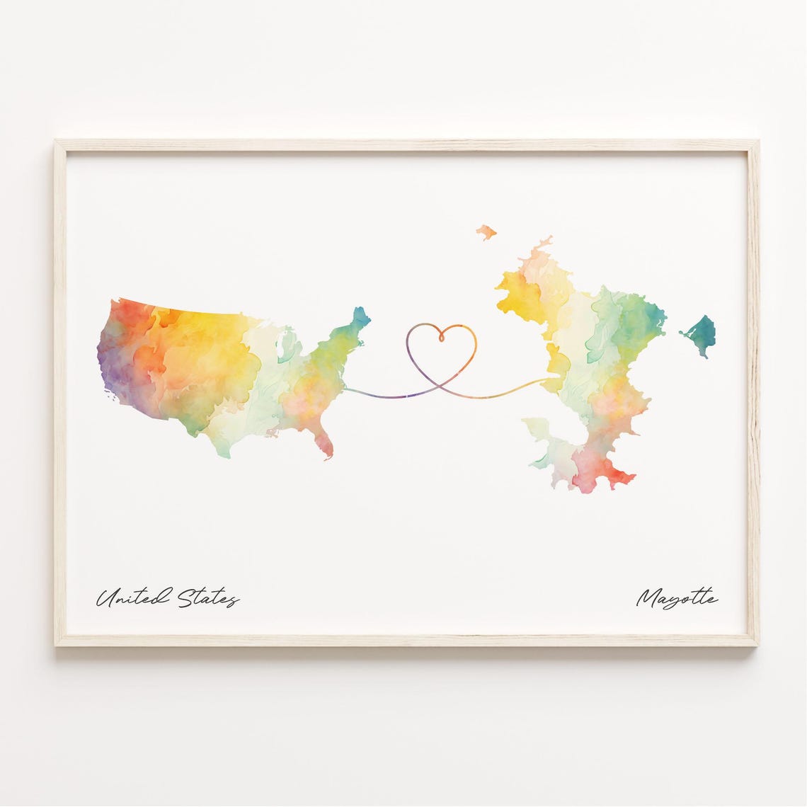 United States to Mayotte Watercolor Map Heart Connection Poster