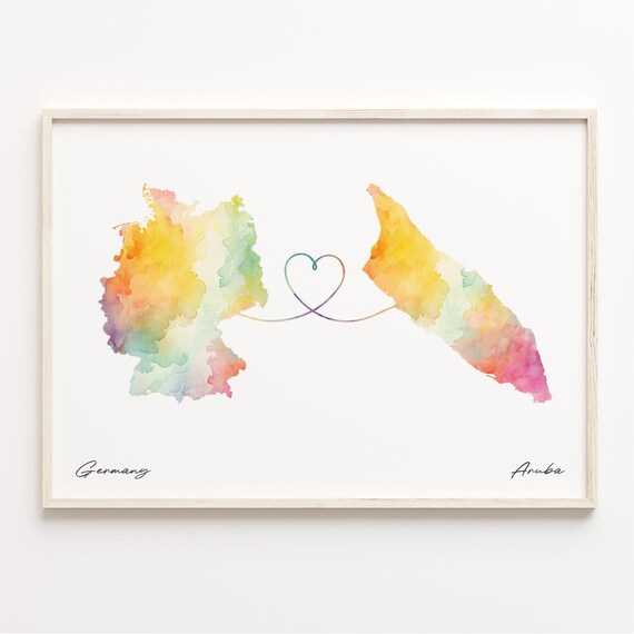 Germany to Aruba Watercolor Map Poster - Heart Line Long Distance Love Gift