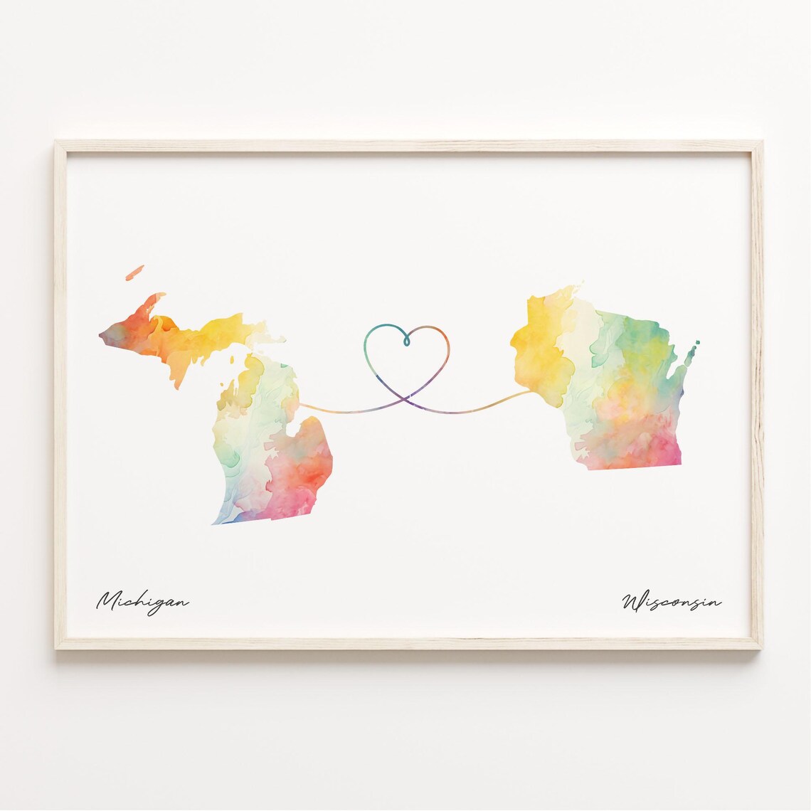 Michigan to Wisconsin Watercolor Map Heart Long Distance Poster