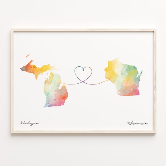 Michigan to Wisconsin Watercolor Map Heart Long Distance Poster