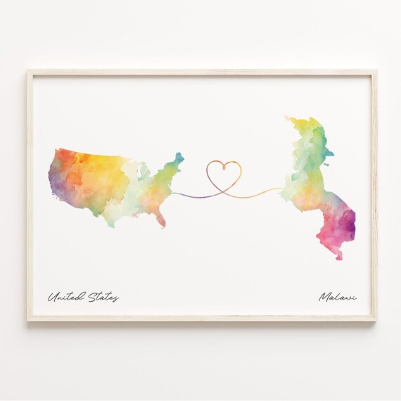United States To Malawi Watercolor Heart Connection Map Poster
