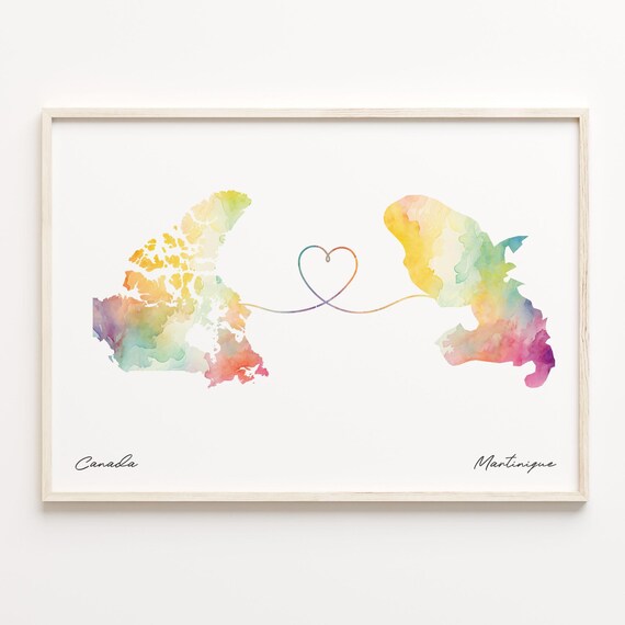 Canada To Martinique Watercolor Heart Map Long Distance Love Print