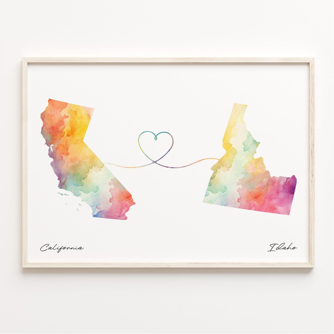 California to Idaho Watercolor Map Love Heart Connection Art Poster
