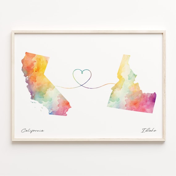 California to Idaho Watercolor Map Love Heart Connection Art Poster