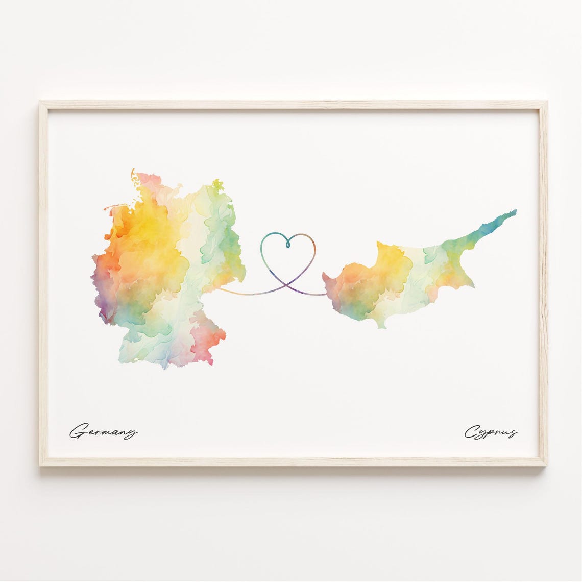 Germany To Cyprus Heart Loop Watercolor Map Couples Gift Poster