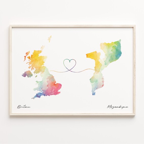 Britain to Mozambique Watercolor Heart Connection Map Art Print
