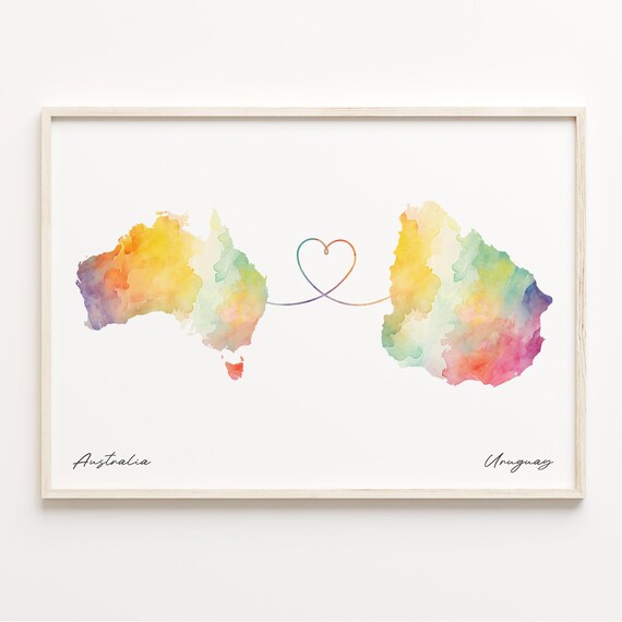 Australia To Uruguay Watercolor Heart Map Long Distance Love Poster