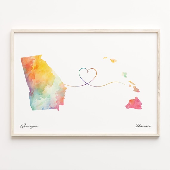 Georgia To Hawaii Watercolor Map Heart Connection Poster Gift