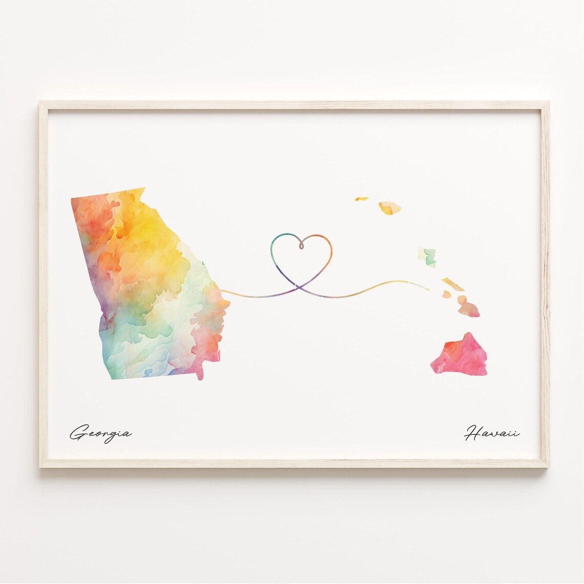 Georgia To Hawaii Watercolor Map Heart Connection Poster Gift
