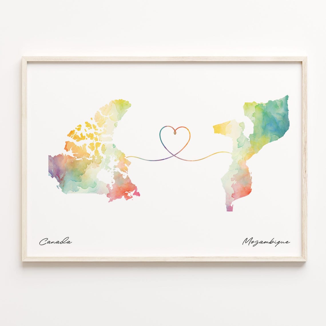 Canada Mozambique Watercolor Long Distance Heart Map Art Poster