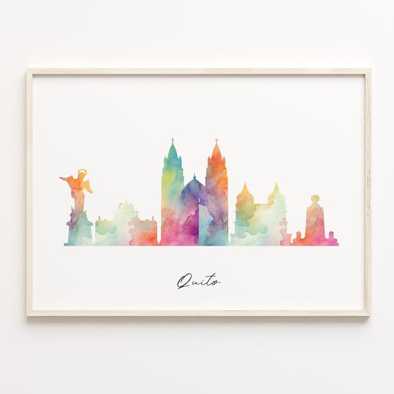 Quito Ecuador Watercolor Skyline Cityscape Rainbow Silhouette Poster