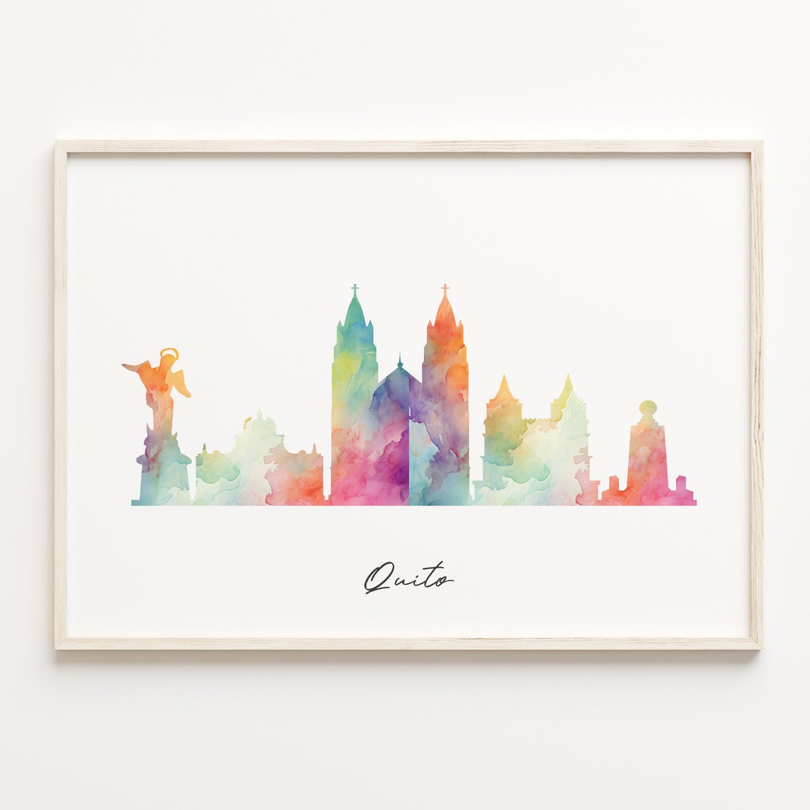 Quito Ecuador Watercolor Skyline Cityscape Rainbow Silhouette Poster