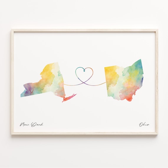 New York to Ohio Sweet Long Distance Love Heart States Map Poster