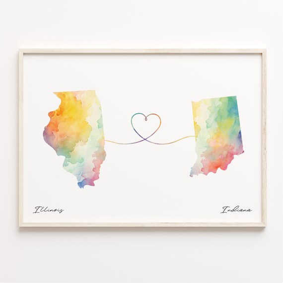 Illinois To Indiana Watercolor Map With Heart Love Line Poster