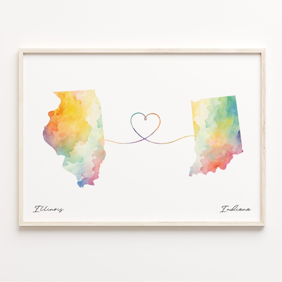 Illinois To Indiana Watercolor Map With Heart Love Line Poster