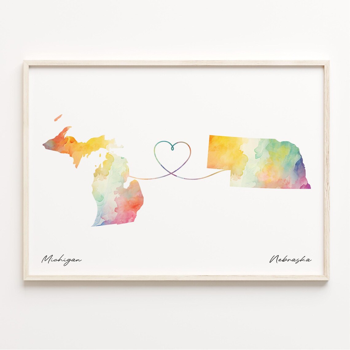 Michigan to Nebraska Watercolor Map Heart Long Distance Print