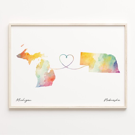 Michigan to Nebraska Watercolor Map Heart Long Distance Print